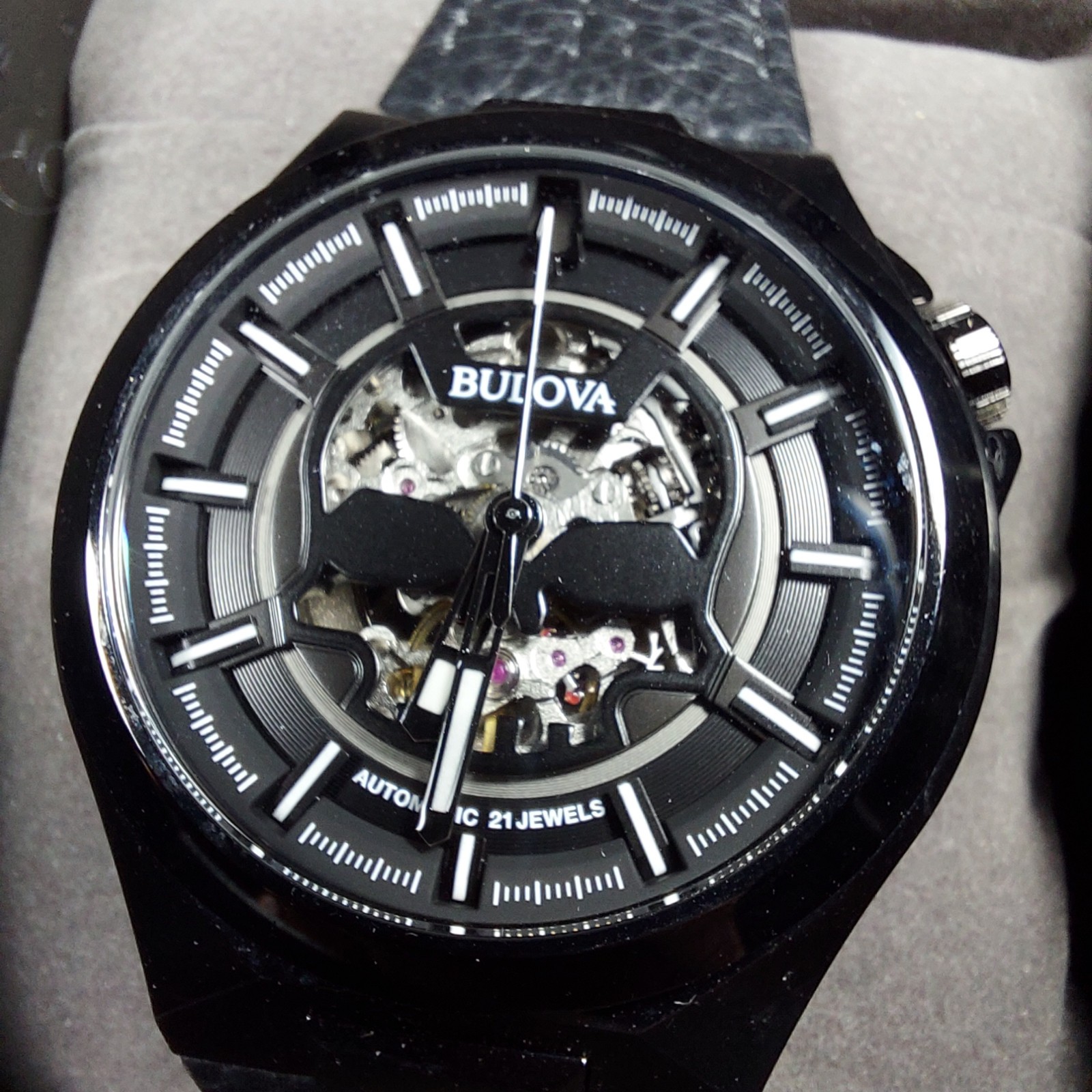 Bulova Men’s Maquina Automatic Black Leather Strap Watch 98A238 | Never Worn