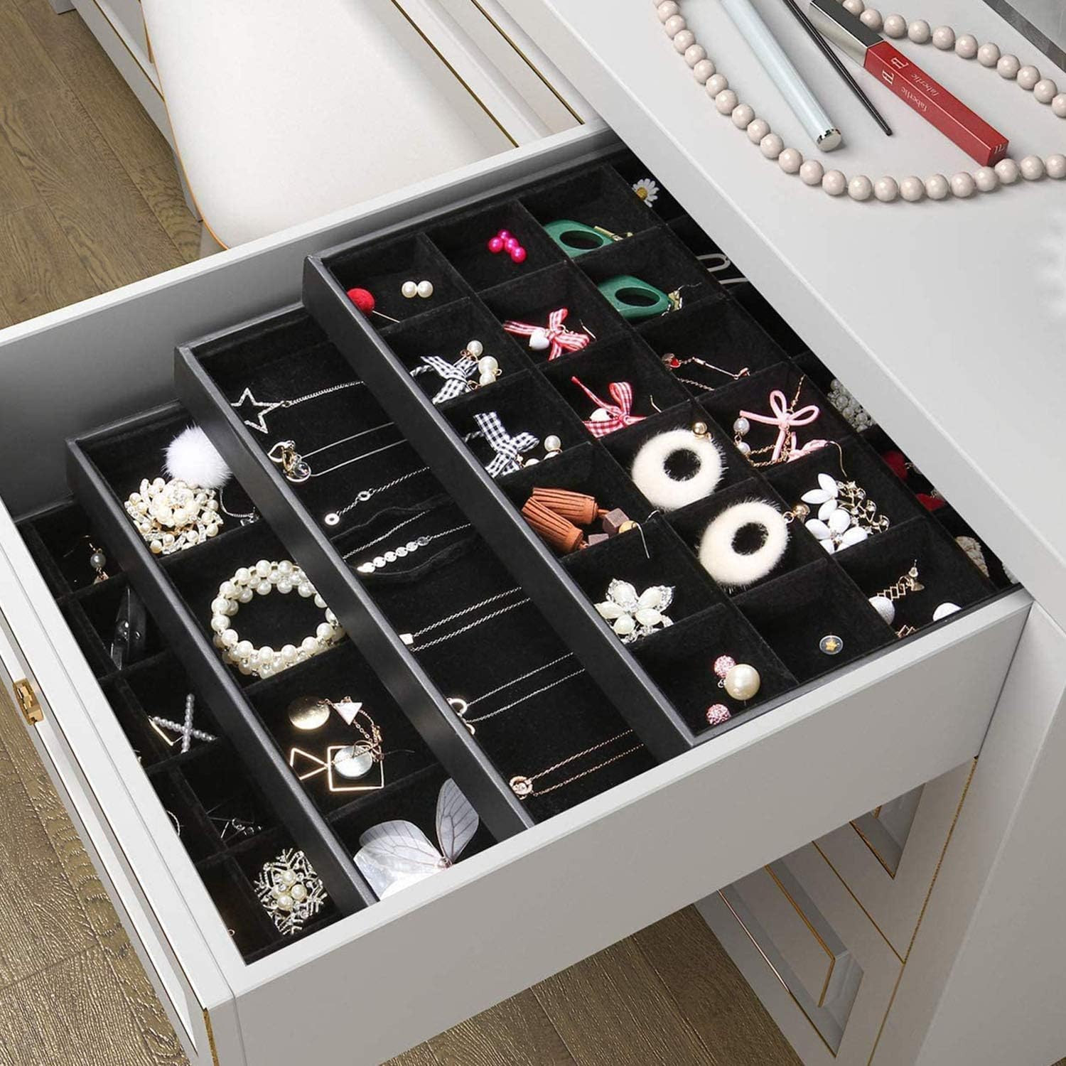 Black Velvet Stackable 24 Grid Jewelry Tray Showcase Display Organizer Holder Di