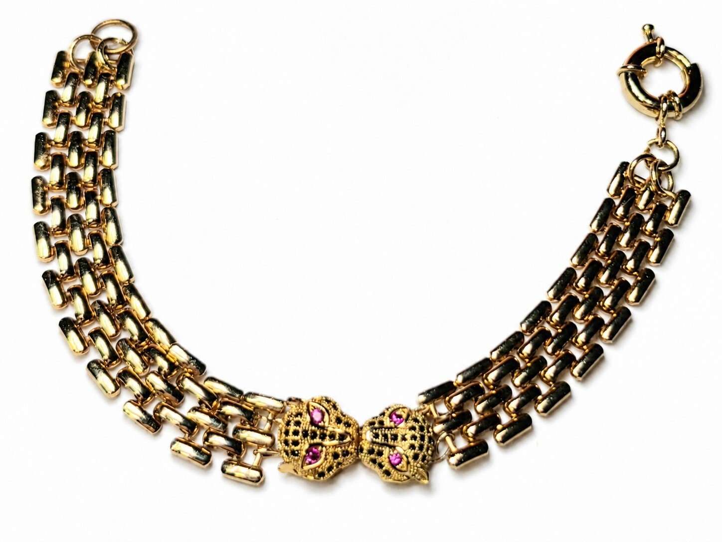 7″ Vintage Gold Tone Double Panther Head Gate Link Bracelet UV Ruby Eyes