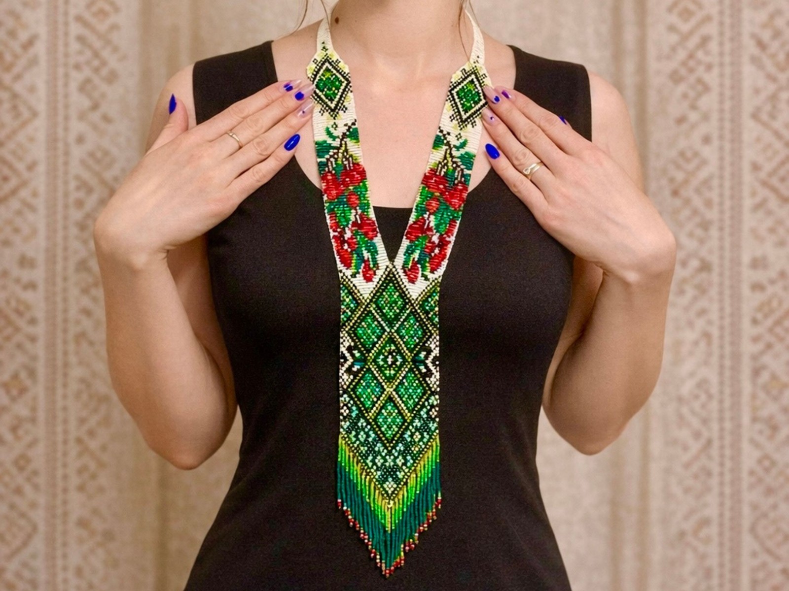 Ukrainian Handmade Beaded Gerdan Necklace Green Folk Boho Jewelry Gift Her