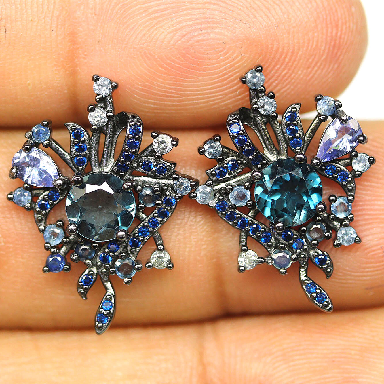 925 Silver London Blue Topaz, Tanzznite, Sapphire & Cubic Zirconia Earrings