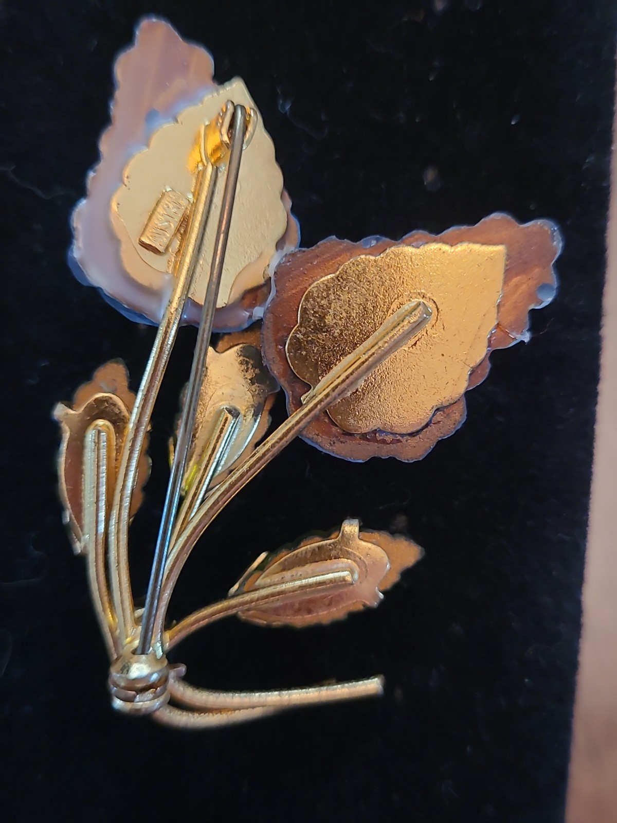 Austria Signed Gold Tone Floral Flower Brooch Blue Purple Glass Vintage 1950s