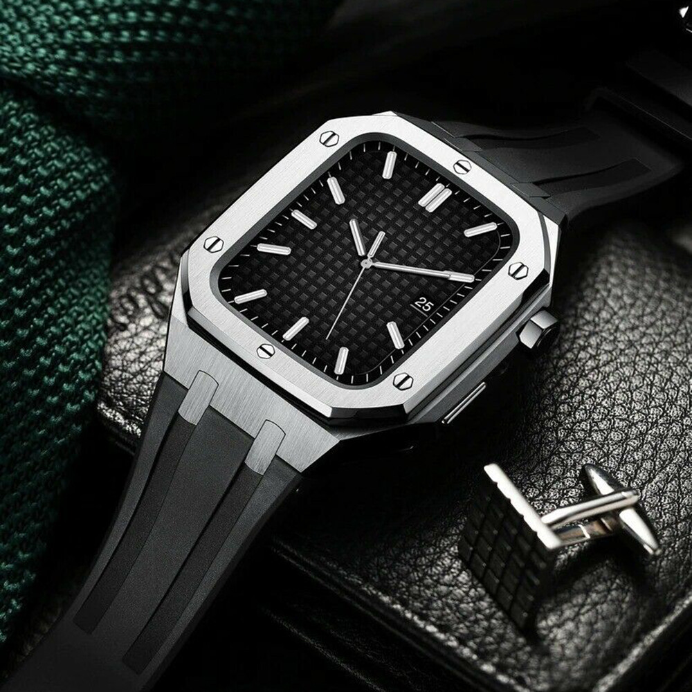 For Apple Watch 42/44/45mm Royal Oak Mod Kit Stainless Steel Case + Rubber Bands