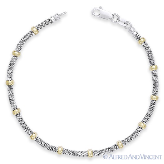 3.9mm Bead 2.4mm Mesh Chain 14k Yellow Gold-Plated .925 Sterling Silver Bracelet