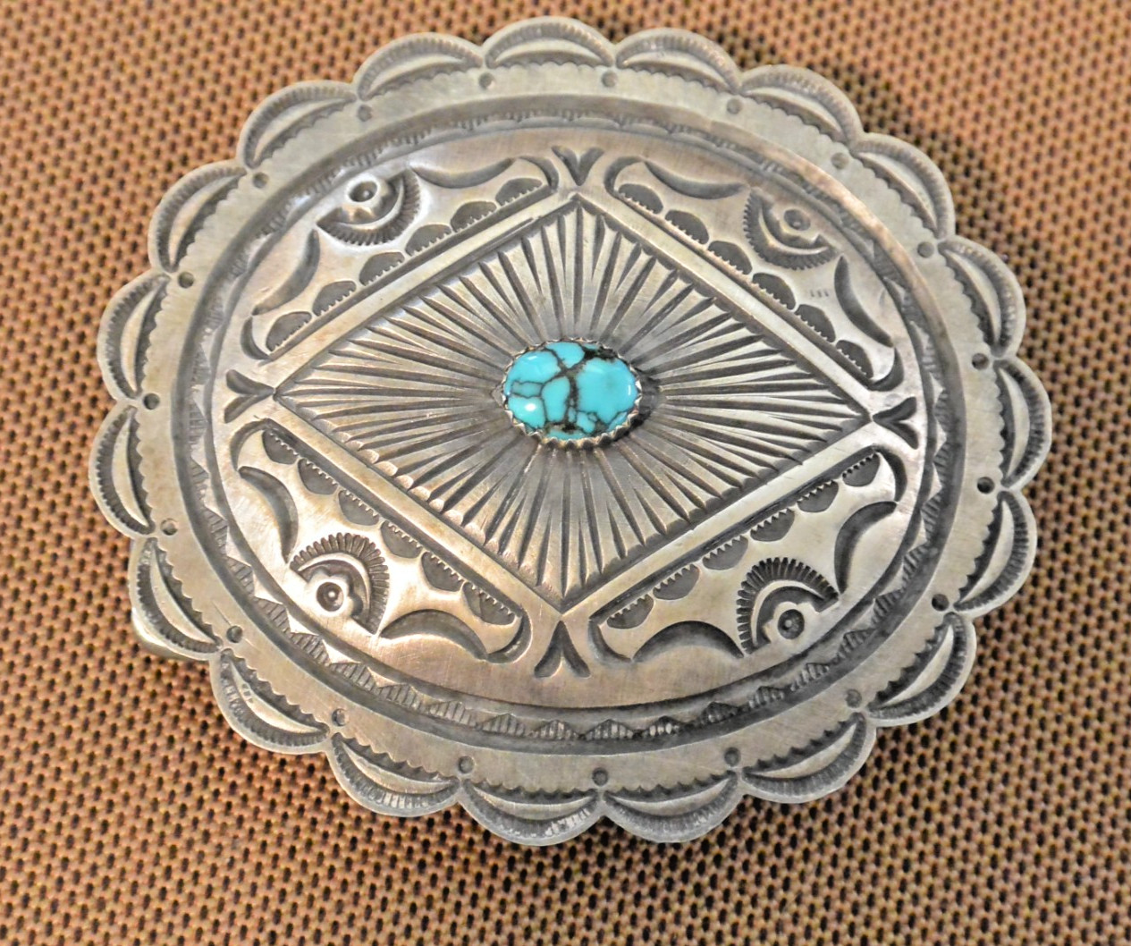ROLAND DIXON Navajo BELT BUCKLE – Turquoise, Sterling Silver. Stamping, Rupousse