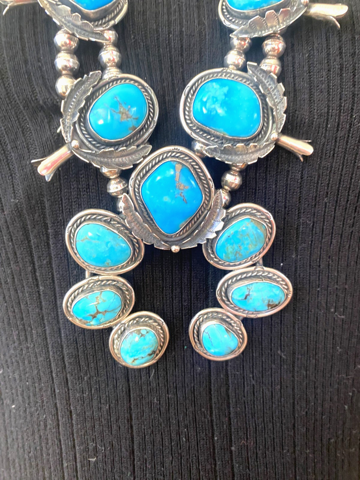 Turquoise Squash Blossom Necklace Vintage Sterling 275g