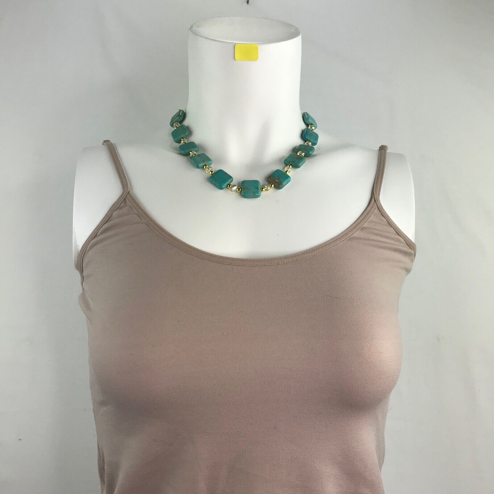 Handmade Necklace Turquoise Magnesite Square Beads, Pale Yellow Glass Gold Tone