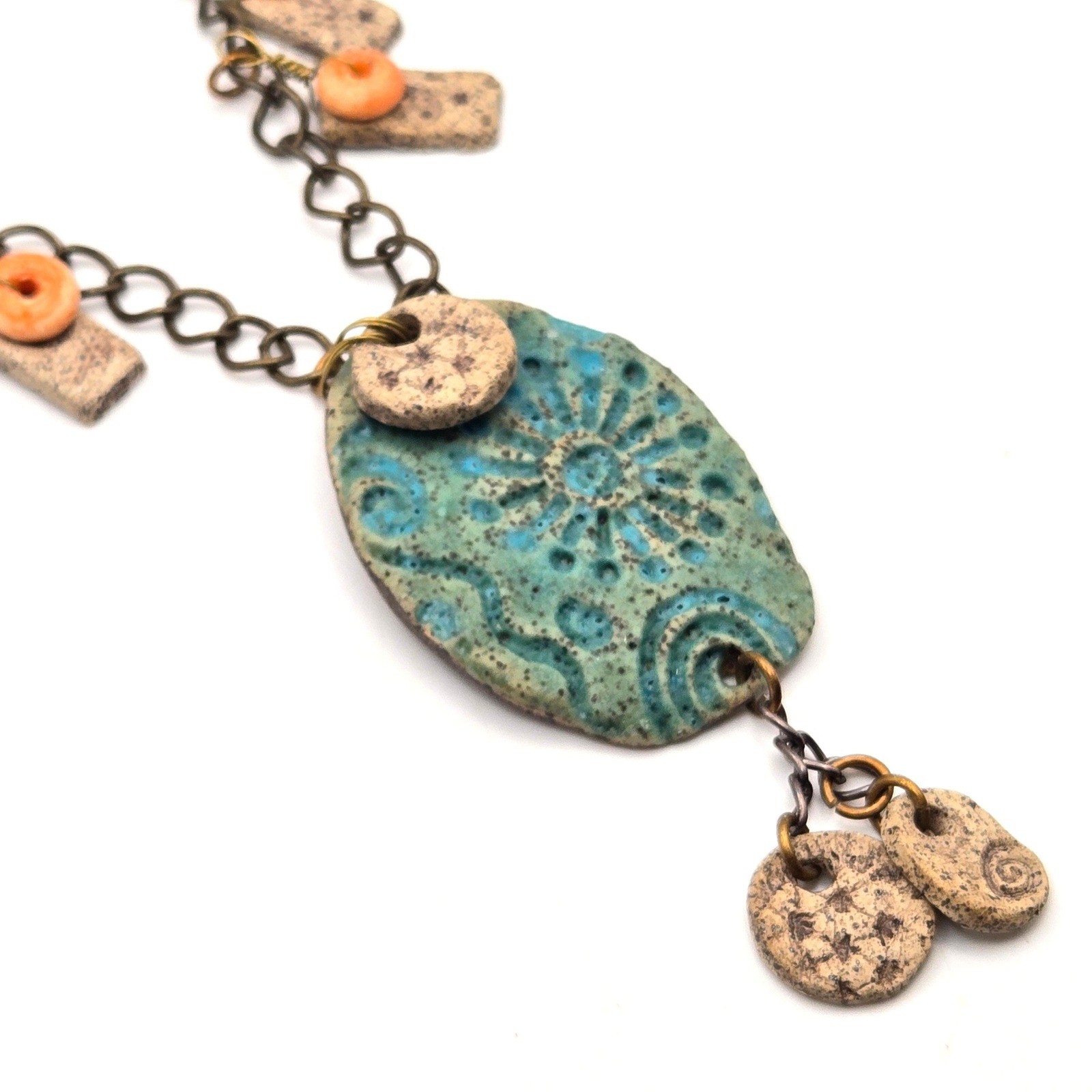 Artisan Handmade Ceramic Necklace Pottery Statement Teal Boho Mixed Media Brass