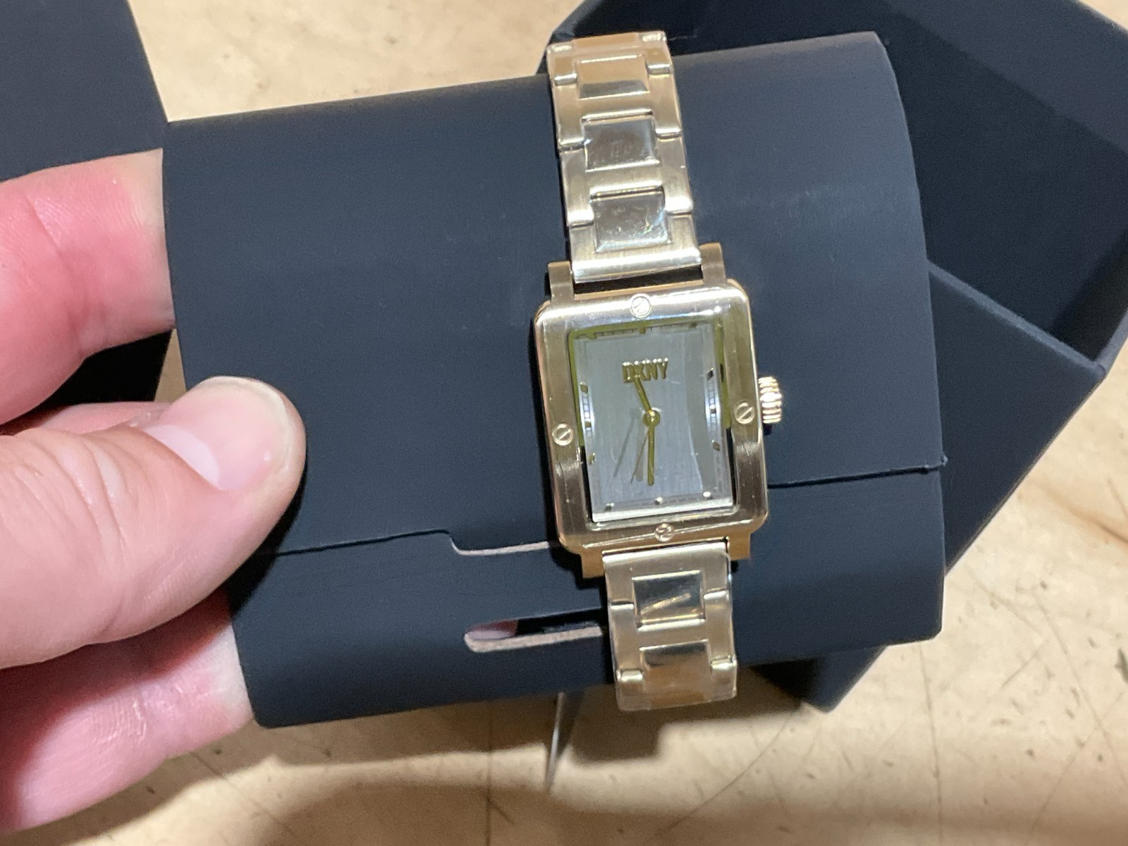 DKNY Women’s City Rivet Rectangular Three-Hand Gold-Tone Stainless – NY6689 -NEW