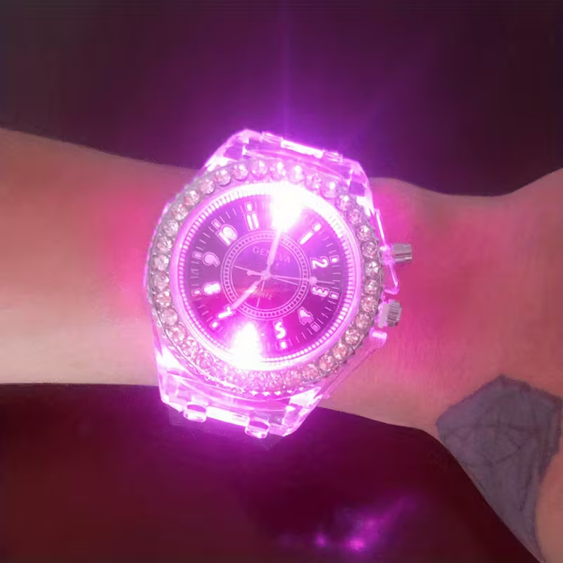 Luminous Personality Rhinestone LED Fashion Trend Jelly Quartz Watch Pink Women