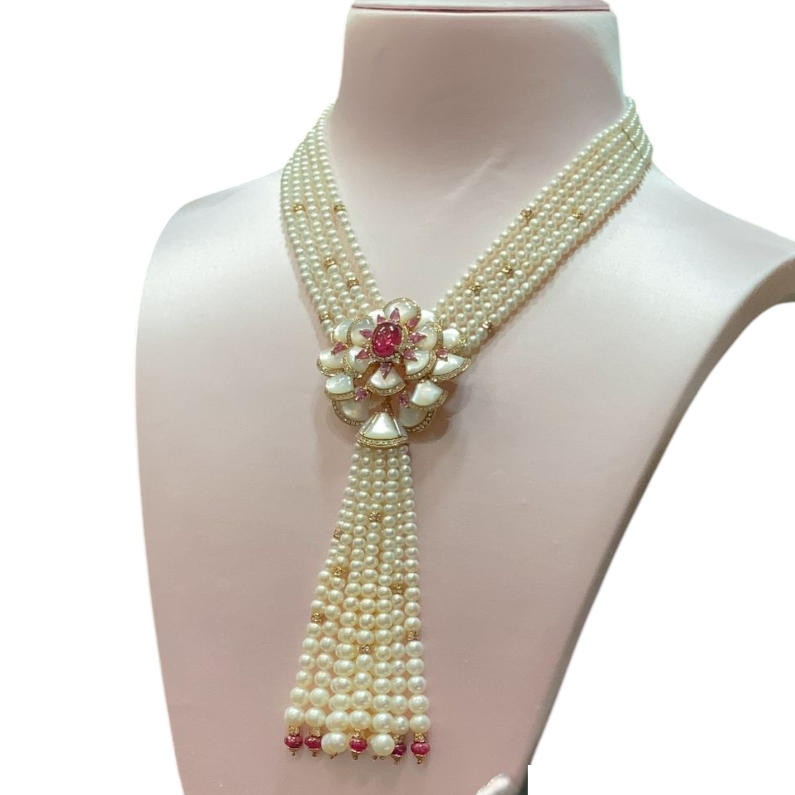Women Layered Pearl & Ruby Tassel Necklace 925 Silver For Wedding Wear Jewelry