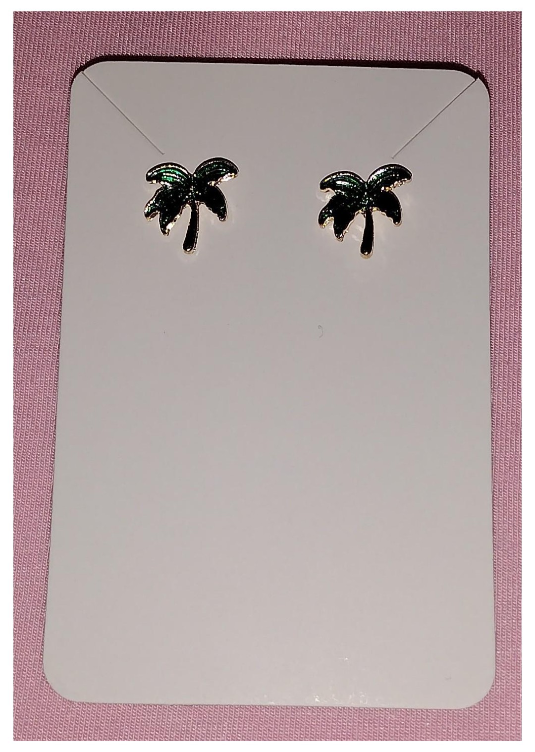 Tropical Plant Vivid Green Leaf Palm Tree Trunk Gold Tone Stud Earrings