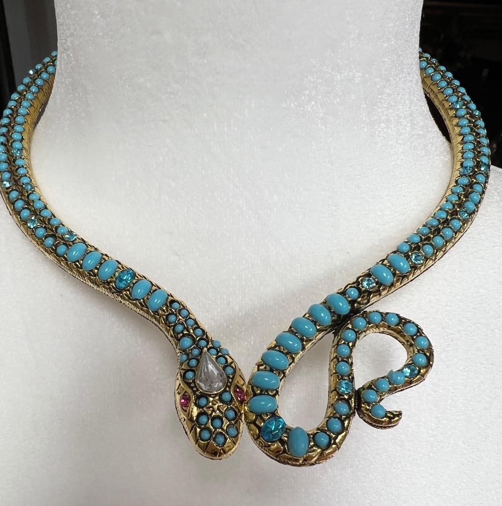 Blue Topaz Turquoise Rhinestone Snake Necklace Wrap Victorian Egyptian Rev. Faux