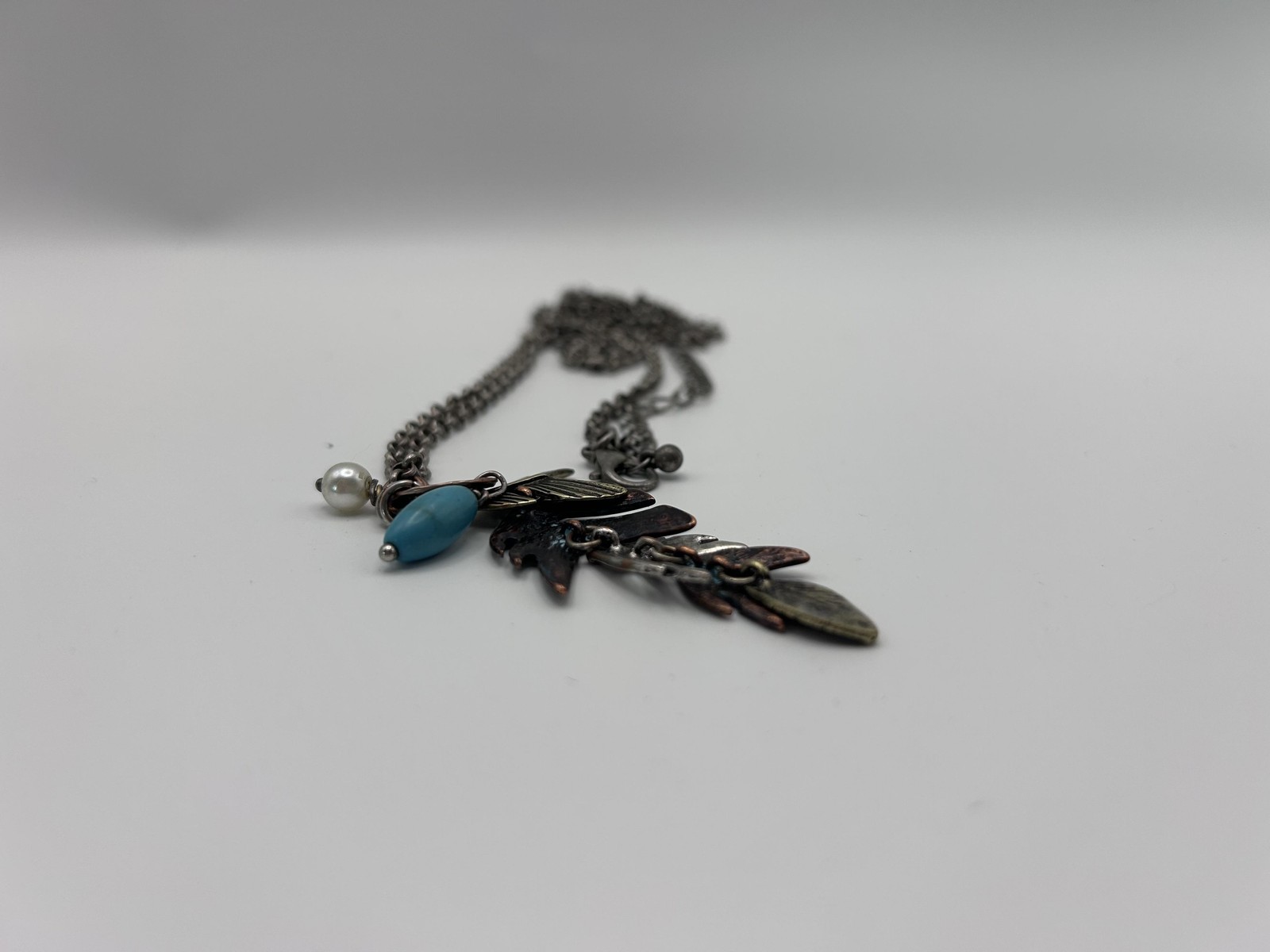 Necklace Silver Tone Leaf Pendant Charm Pearl Turquoise Bead Nature 22 In