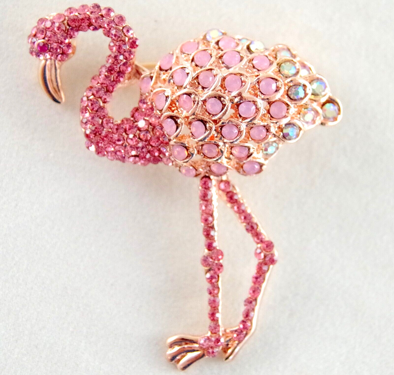 2 1/8″ NWOT PINK & AB RHINESTONE & GOLD TONE PINK FLAMINGO BIRD BROOCH PIN