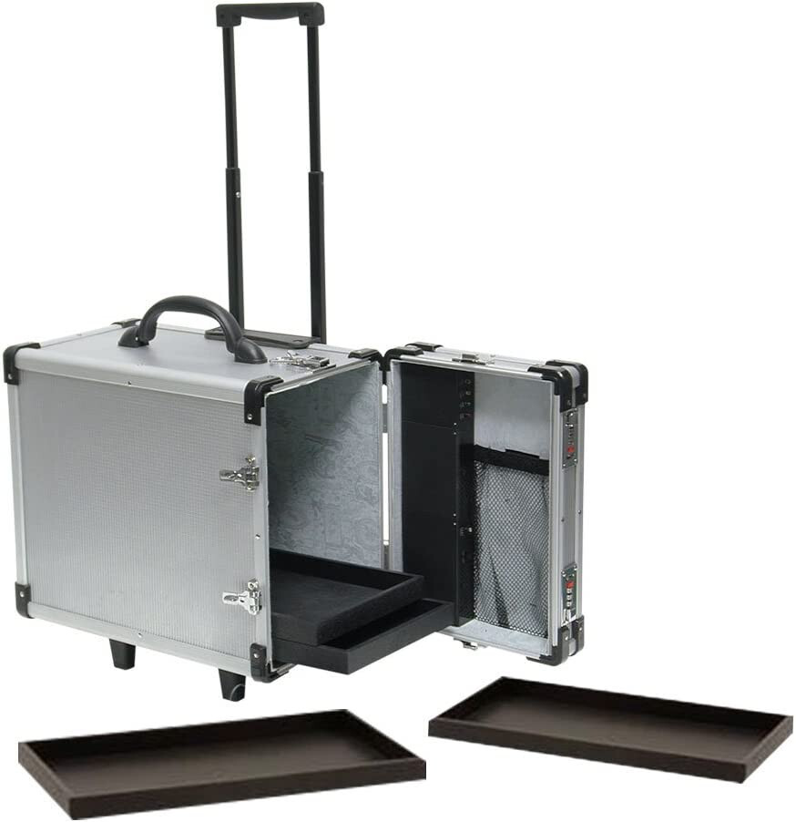 Aluminum Jewelry Storage Organizer Case w 12 Black Trays Rolling 16 3/8″ Lock