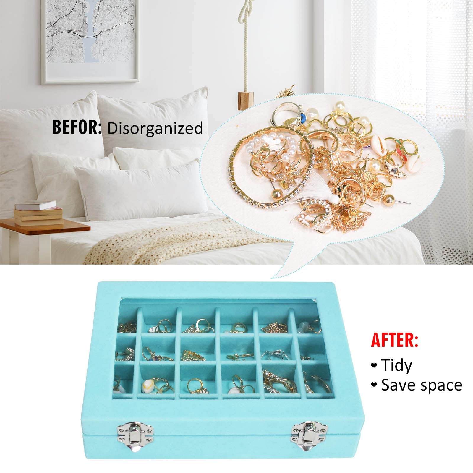 Velvet Jewelry Box 24 Grid Ring Display 24 Grid, Light Blue