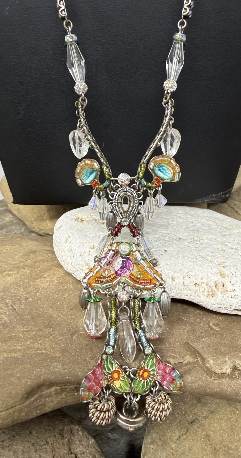 Gorgeous VTG Israeli Ayala Bar Artisan Boho Ornate Glass Beaded Dangly Necklace