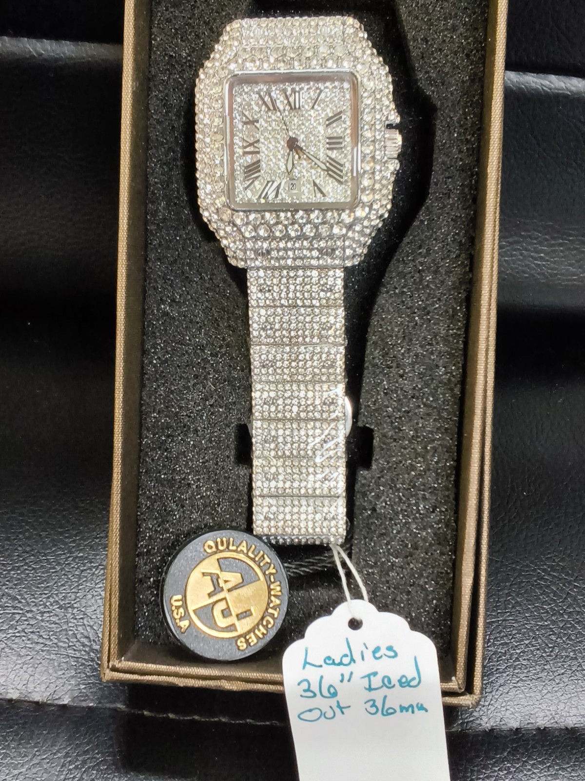 AJ Quality Watches Women’s 36mm Iced Out Silver Tone Square Date Quartz Watch…