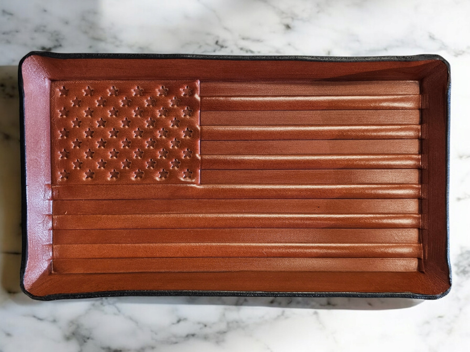 Leather valet tray. Formed leather, American flag , organizer, catchall tray