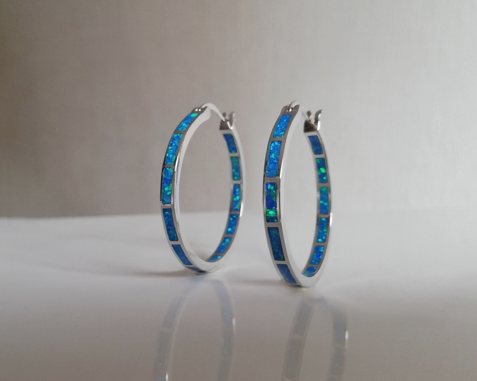 Blue Opal Hoop Earrings Fire Opal Huggies Opal Hoops Silver Stainless Steel Both Sided New