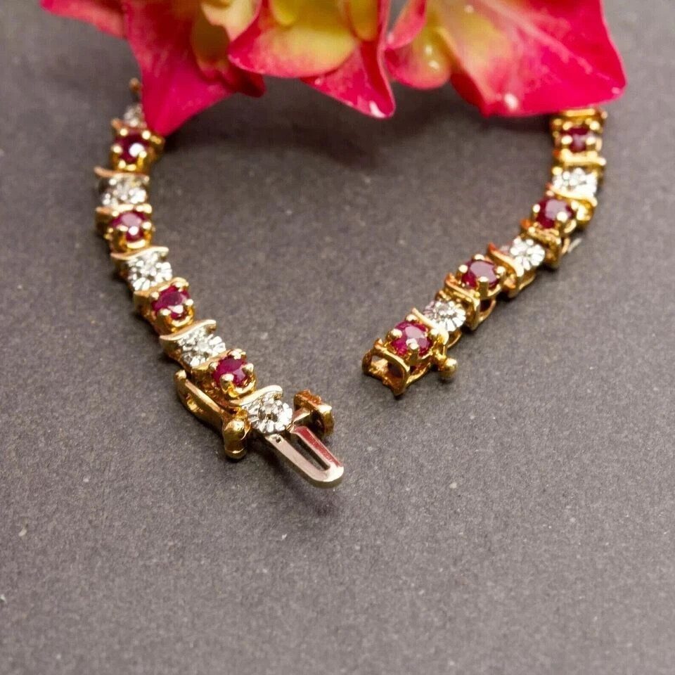 4.00 Ct Round Cut Natural Red Ruby Tennis Bracelet 14K Solid Yellow Gold