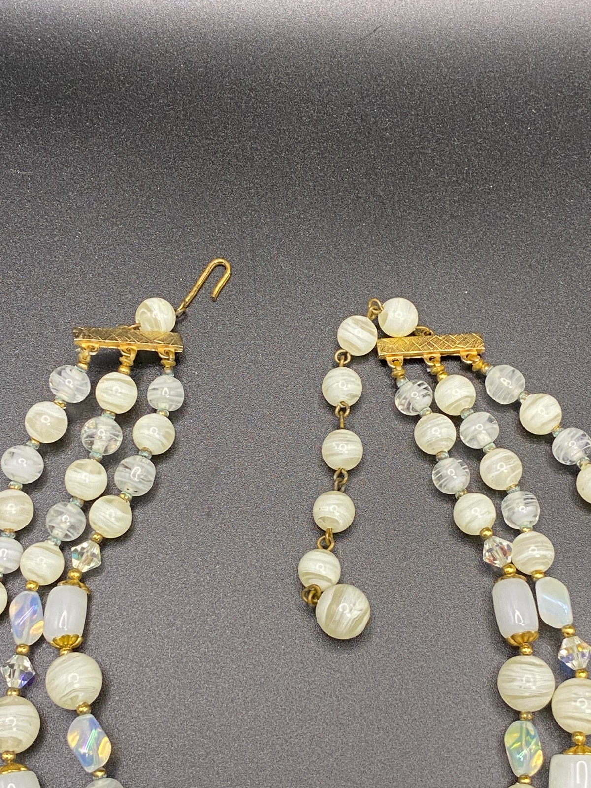 Vintage JAPAN 3-Strand Crystal & Opaline Art Glass Beaded Necklace!