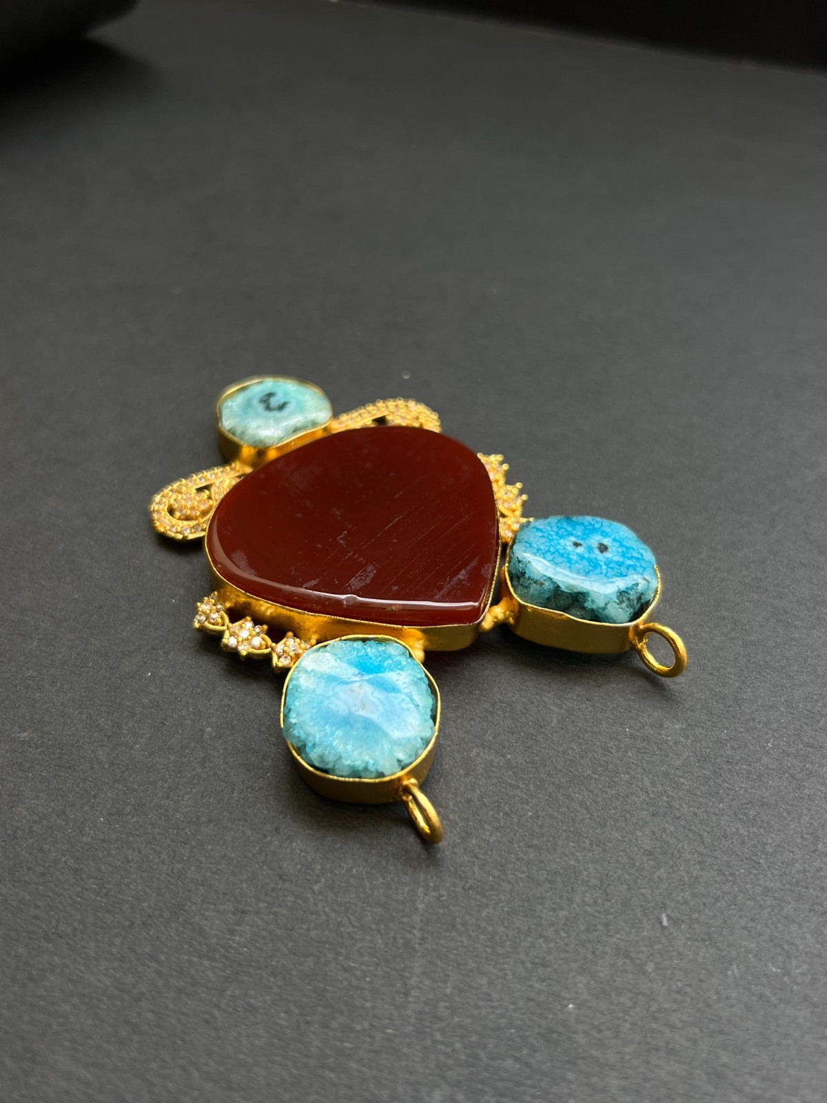 Designer Pendant Red Agate & Blue Druzy | Gold Plated Luxury Statement Jewelry