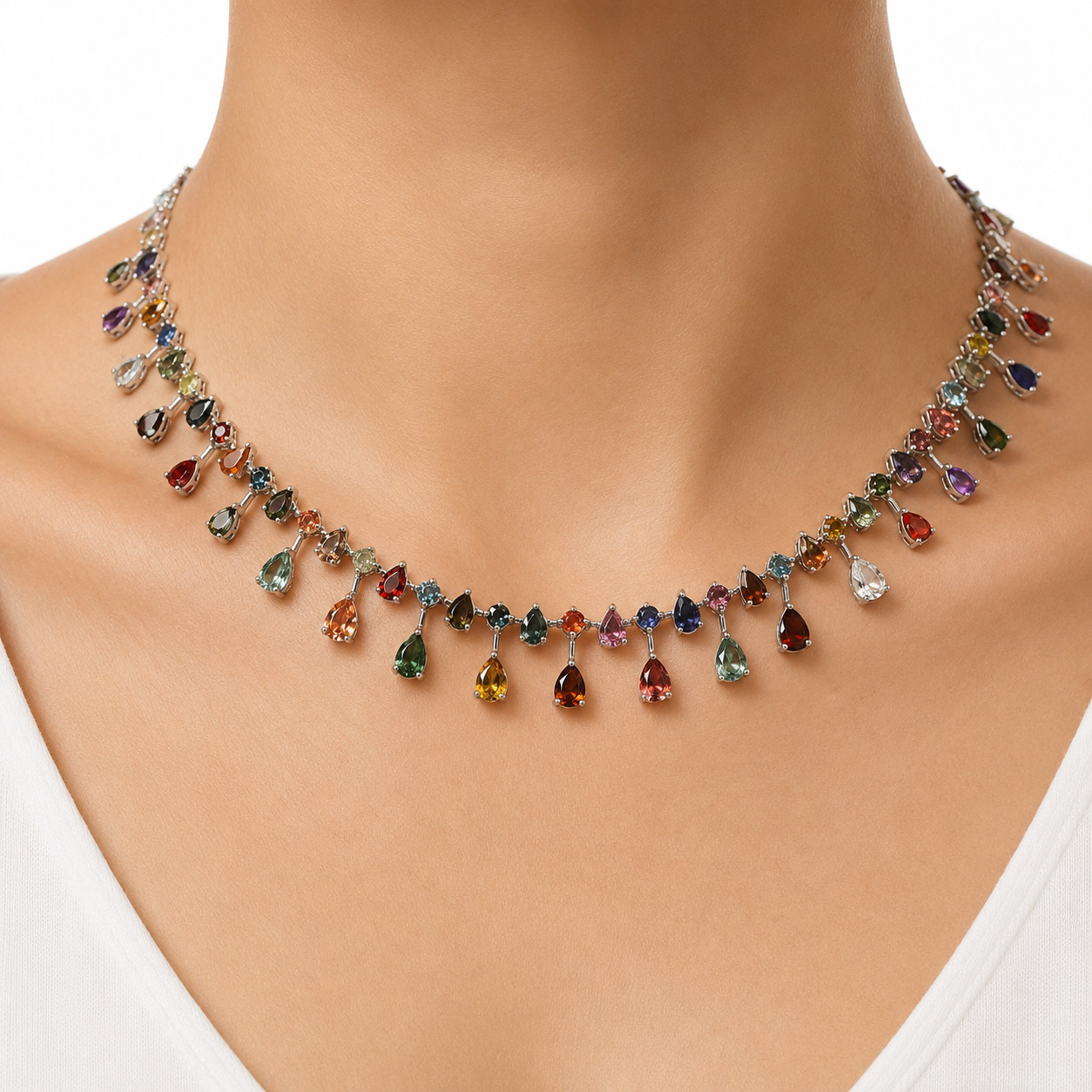 Fancy Color Tourmaline Tanzanite Garnet Topaz…Necklace 17.0 In. 925 Silver