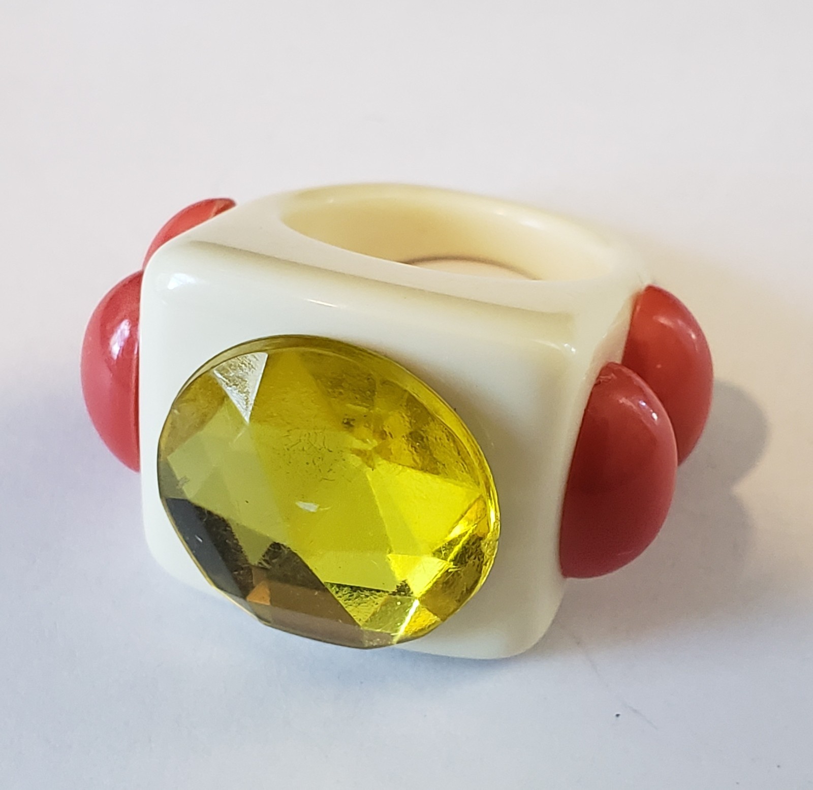 Signed La Manso Ring White Dark Pink Side Cabochons Yellow Faceted Top Sz 5