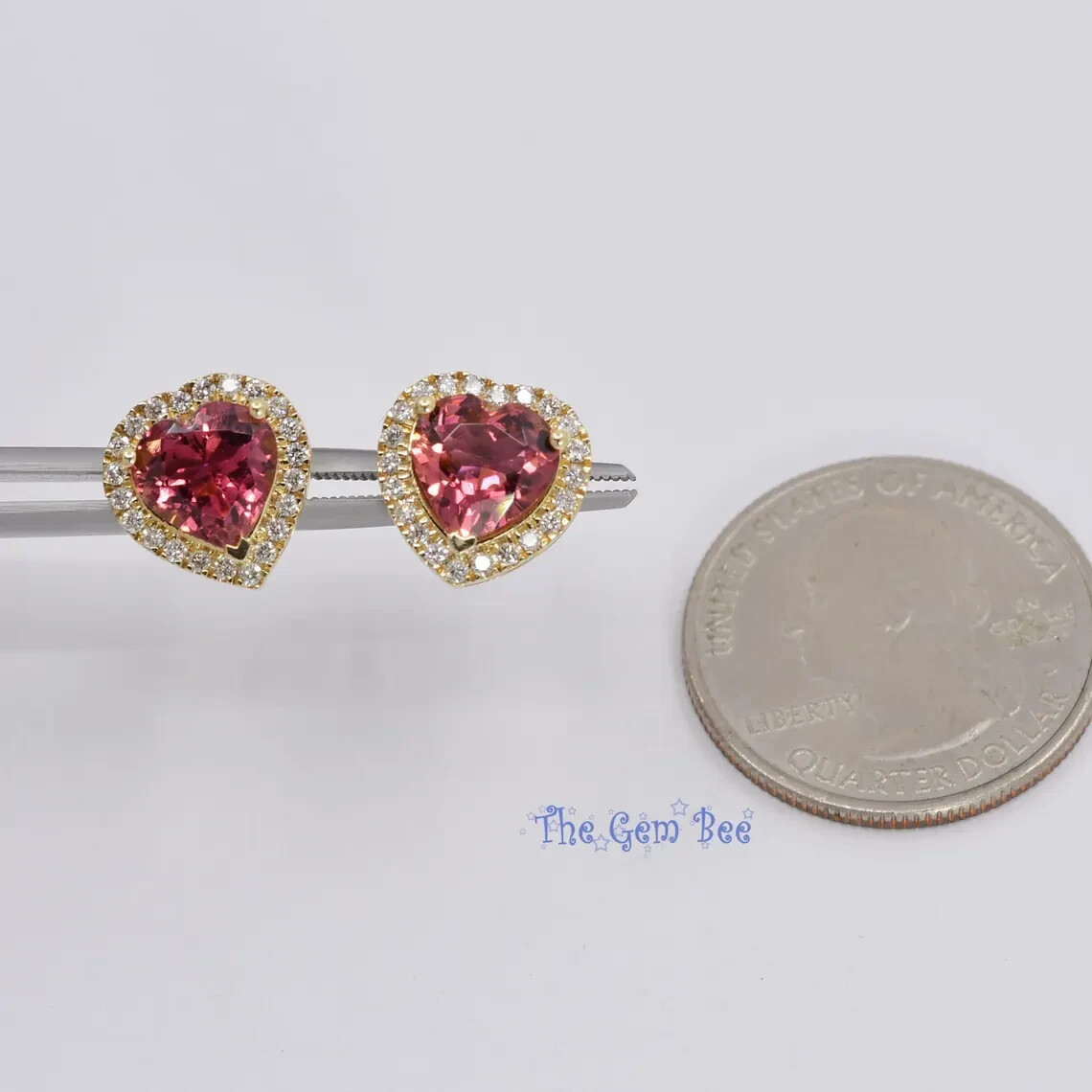 11.6mm 14k Yellow Gold 3.22CT Pink Tourmaline Heart Diamond Halo Ear Stud Post