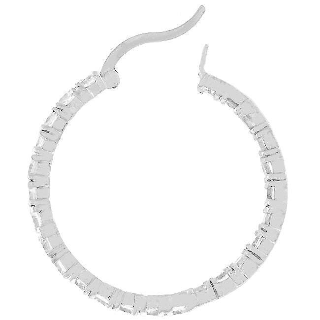 Silvertone Rhodium Plated Brass 33mm Round CZ Inside Out Ladies Hoop Earrings