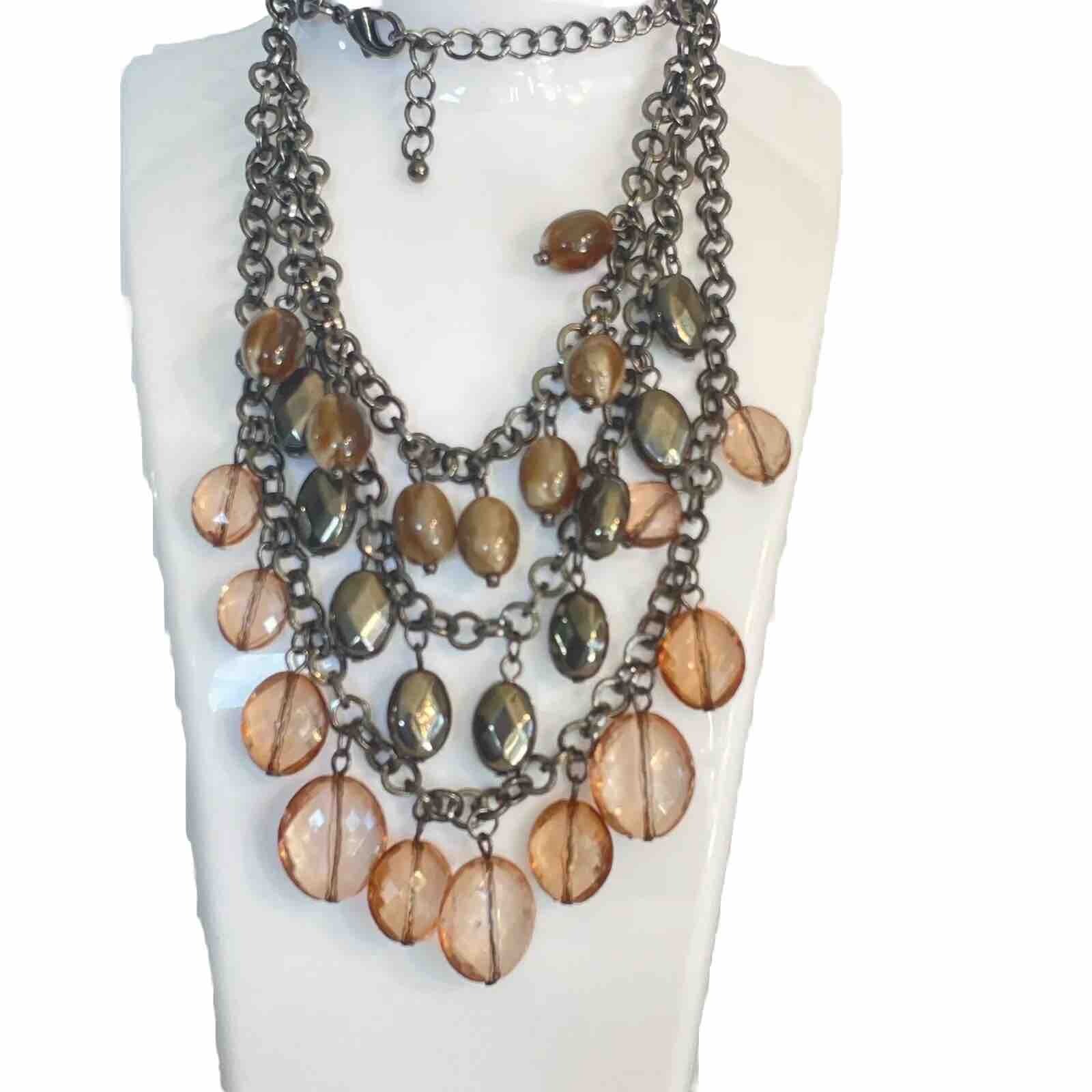 Neutral Multi Color Acrylic Waterfall Beaded Layered Bib Necklace Chandelier