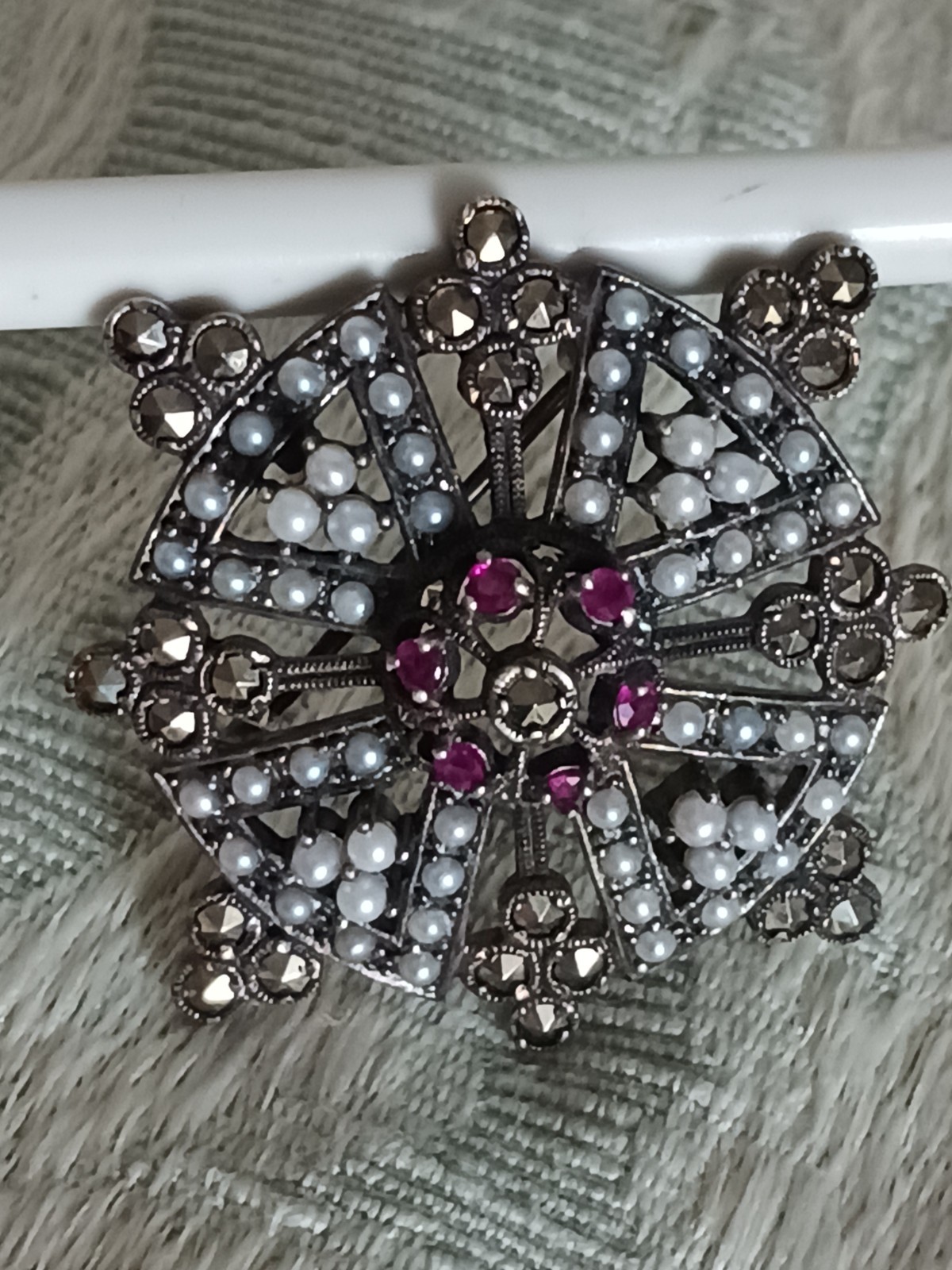 Antique Sterling Maltese Brooch Rubies, Marcasites, Seed Pearls