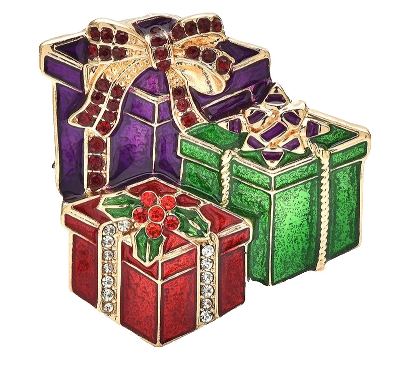Christmas Gift Box Brooch Pin – Crystal Rhinestone Christmas Winter Holiday Gift