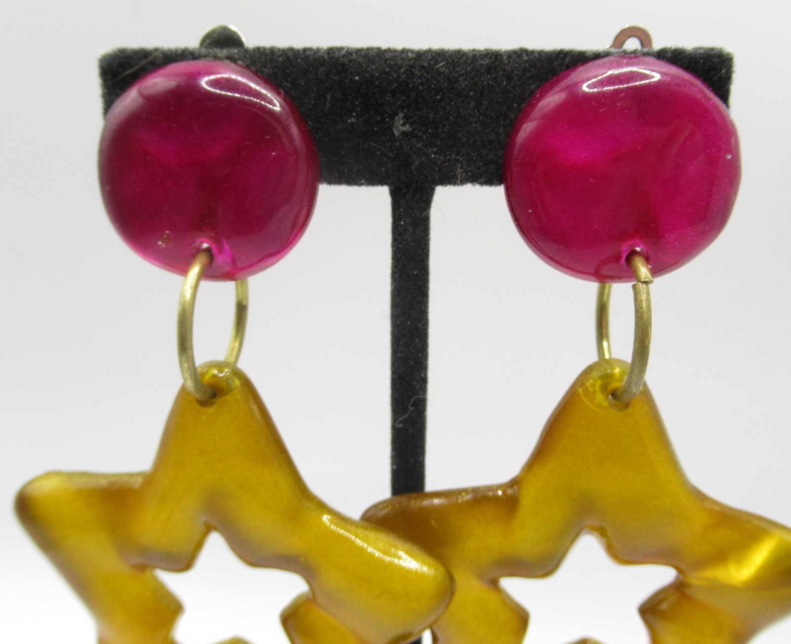 Large Clip On Earrings Plastic Fuscia Purplish Pink and Gold Tone Stars AS IS