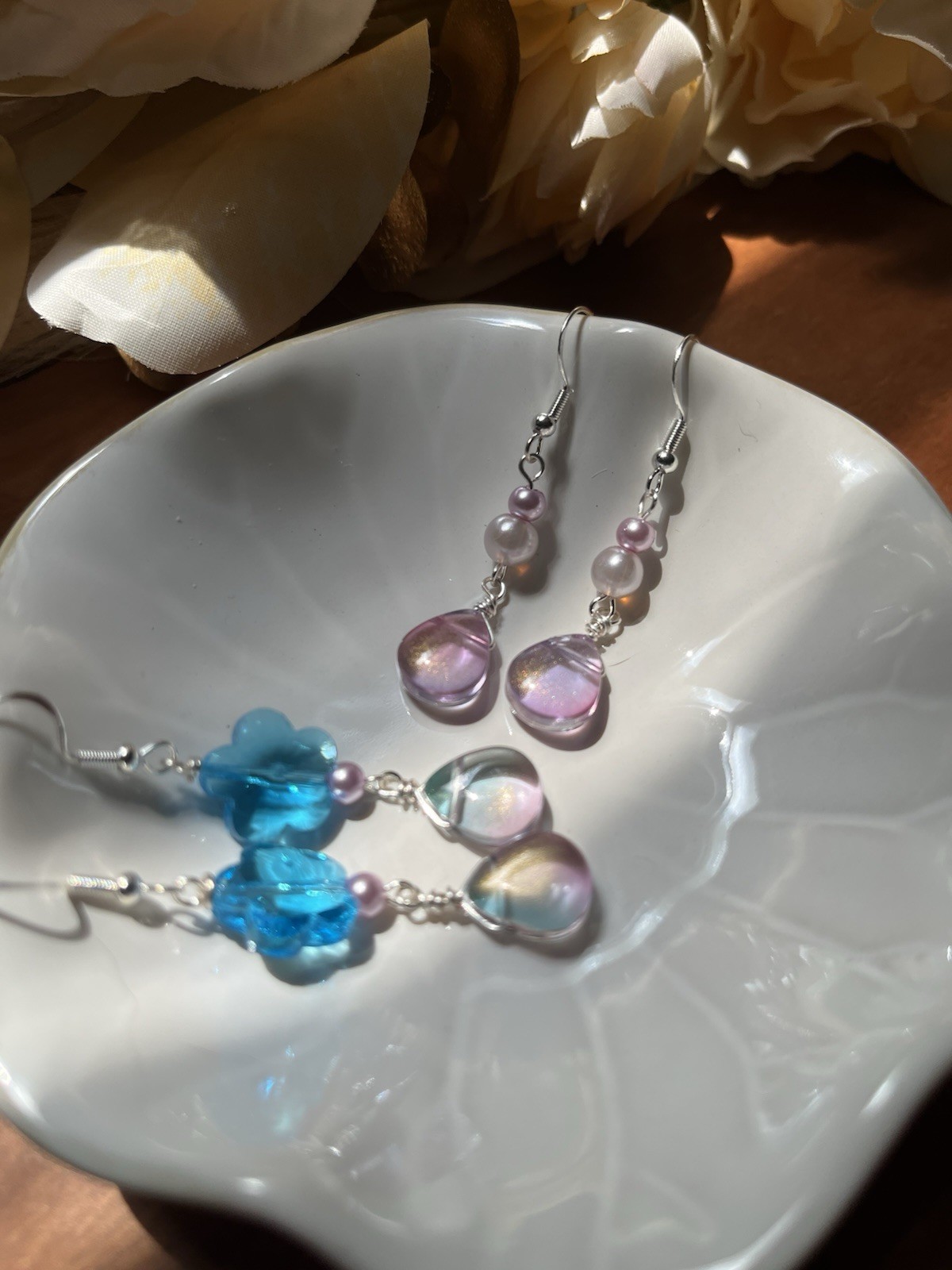 Handcrafted Beautiful Glass Drop Earrings Set Of Two With Sterling Silver Hooks