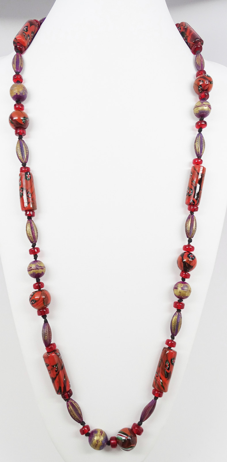 Vintage Blood Orange / Red Millefiori Cane Glass Violet Trade Bead Necklace