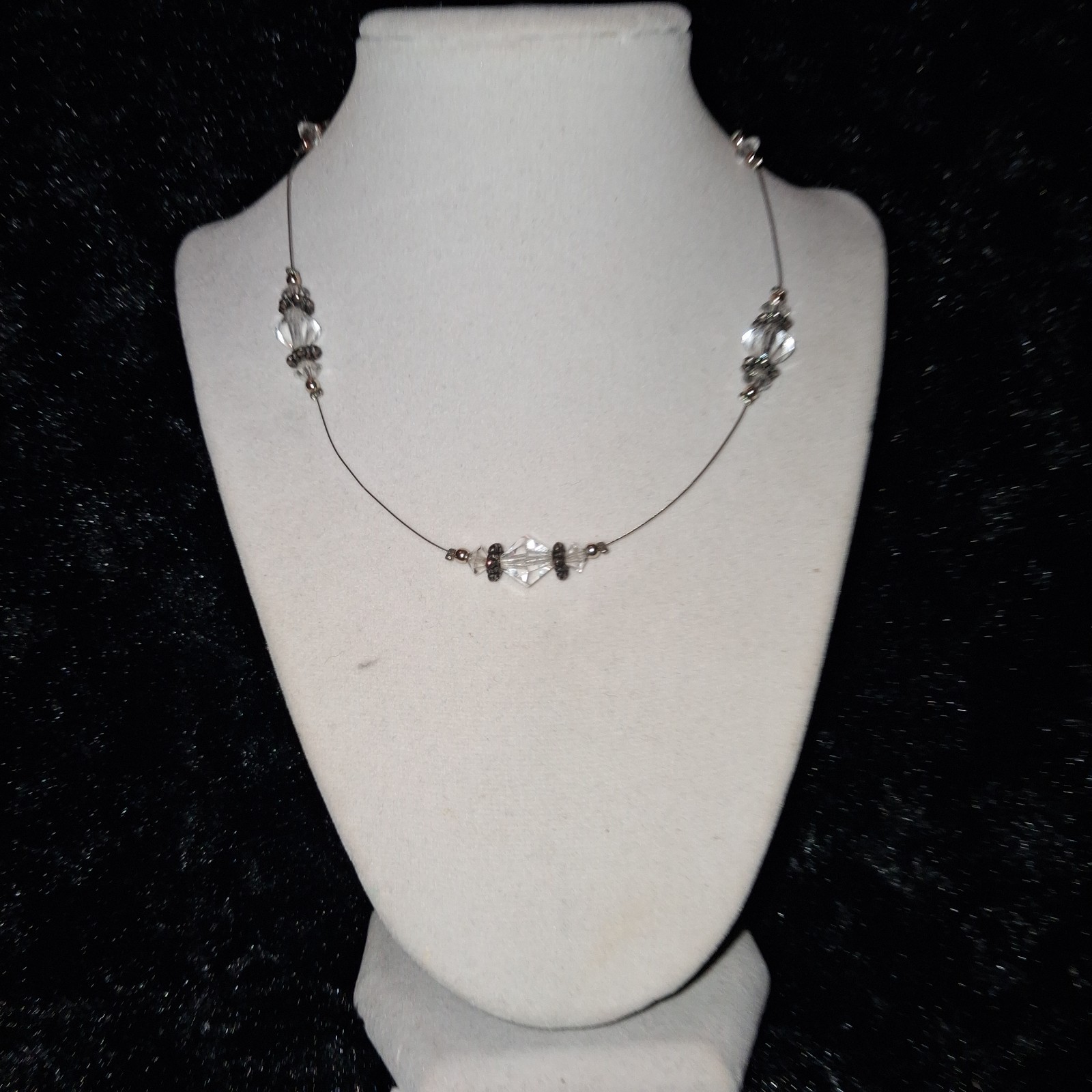 Silver Tone Wire Chain Necklace Clear Crystal Bicone Beads Lobster Clasp
