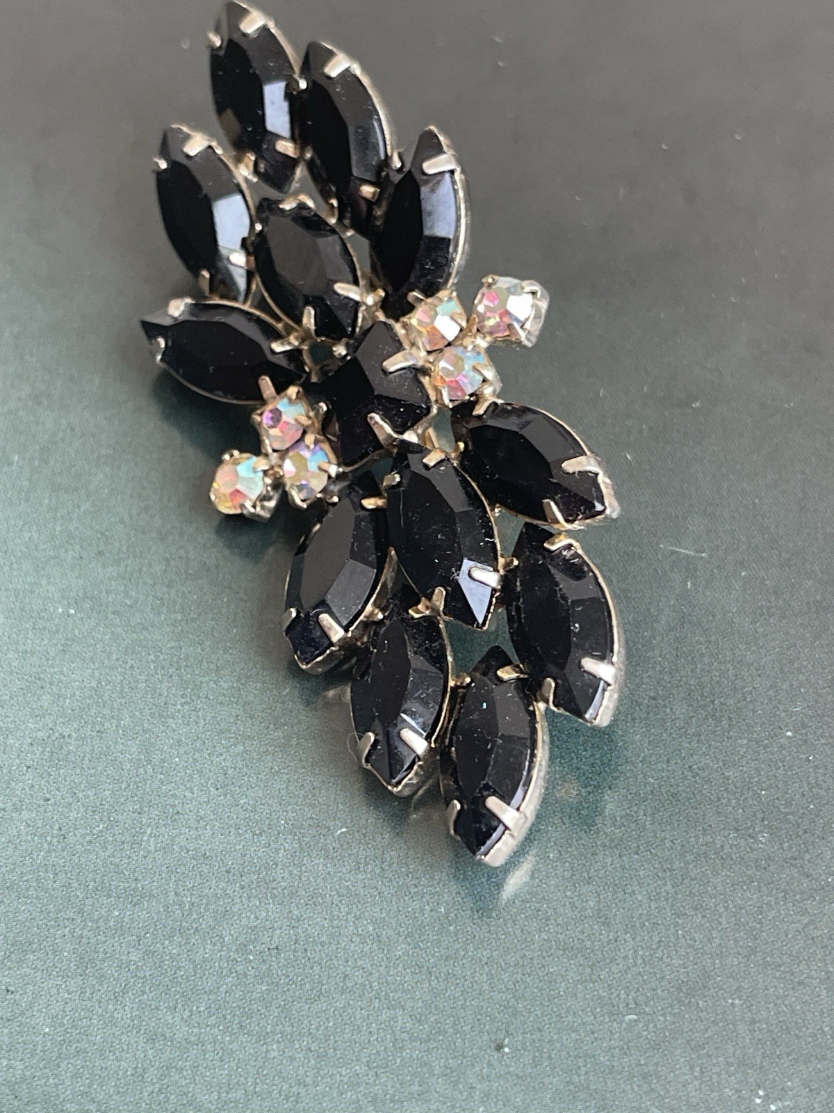 Vintage Juliana slyle black navette rhinestone brooch AB unmarked