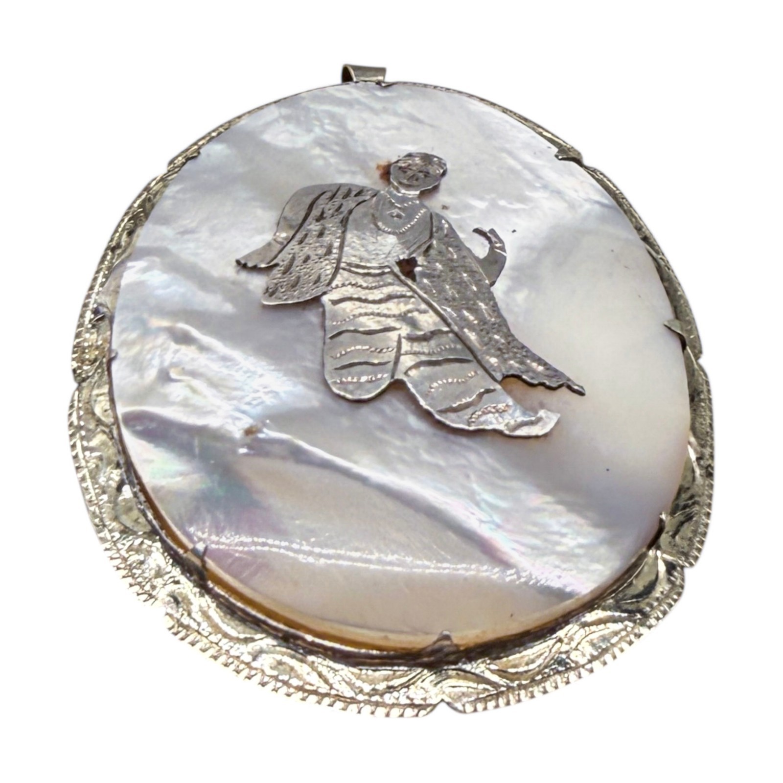 Estate 1960s Siam Sterling Silver Mother Pearl Goddess Mekkala Pendant / Brooch