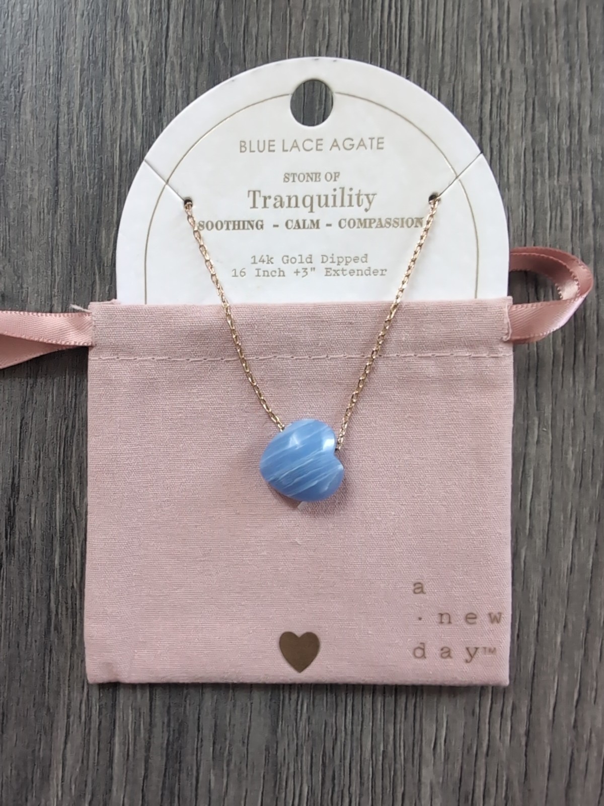 Blue Lace Agate Heart Necklace Chain 16in With 3 In Extender 14k Gold Dipped