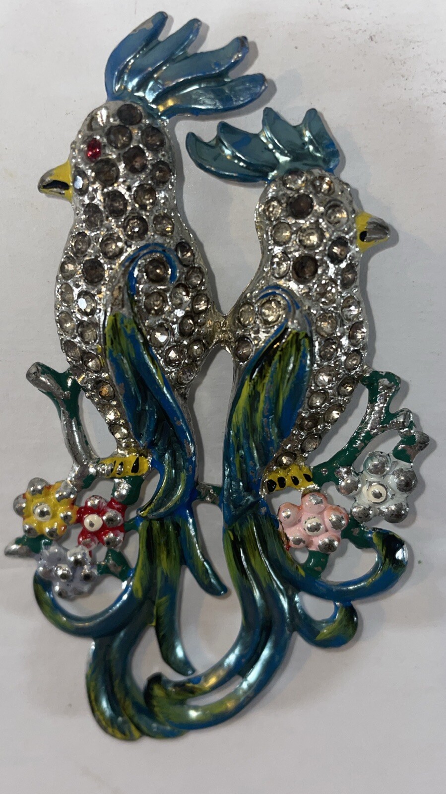 Vintage 1940s Coro Silver Tone Parrot Enamel Duette Brooch 3-3/4” Pin Unsigned