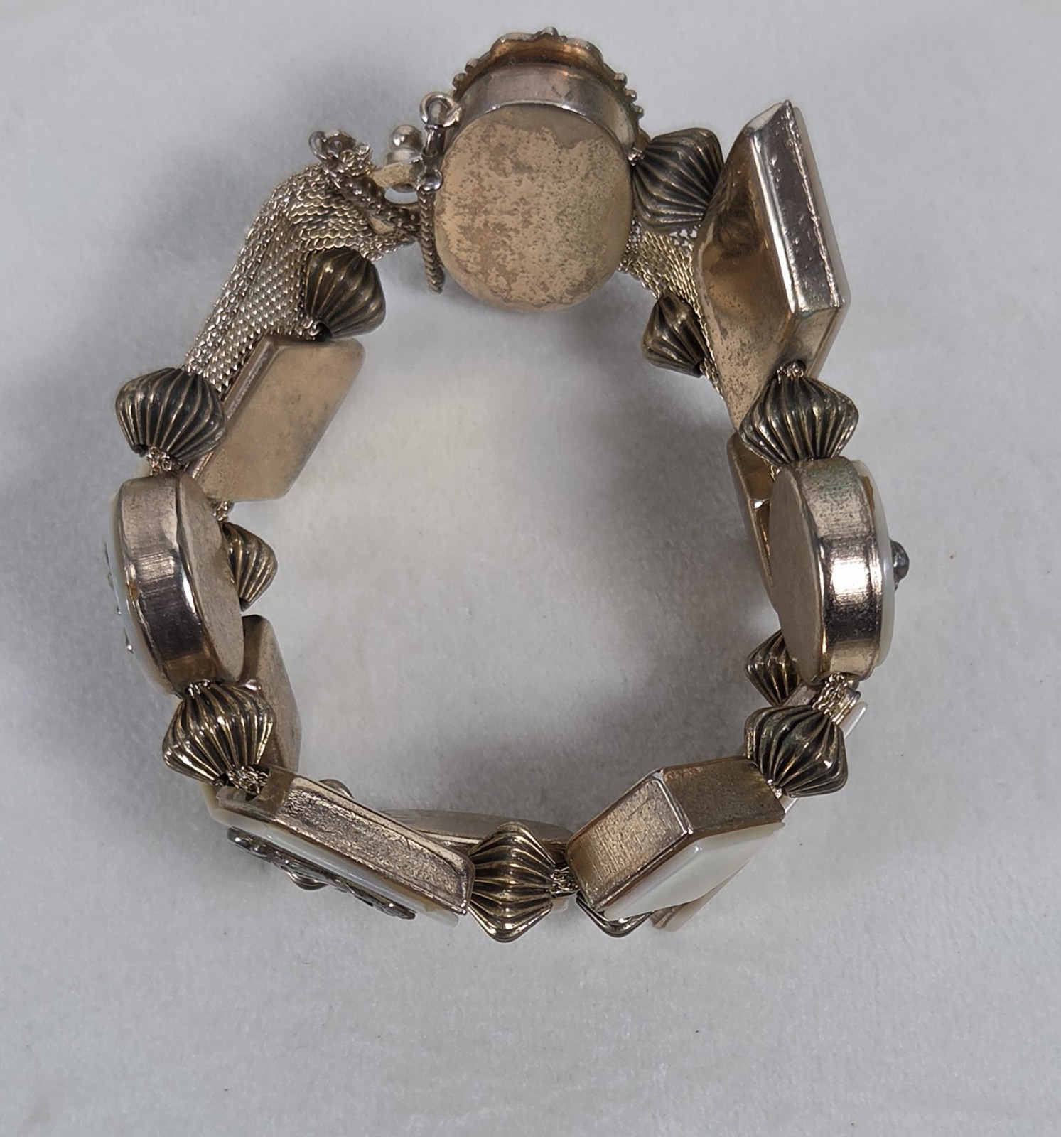 Vintage VICTORIAN ABALONE Goldtone MOTHER OF PEARL Charm Mesh BRACELET 7.5″L