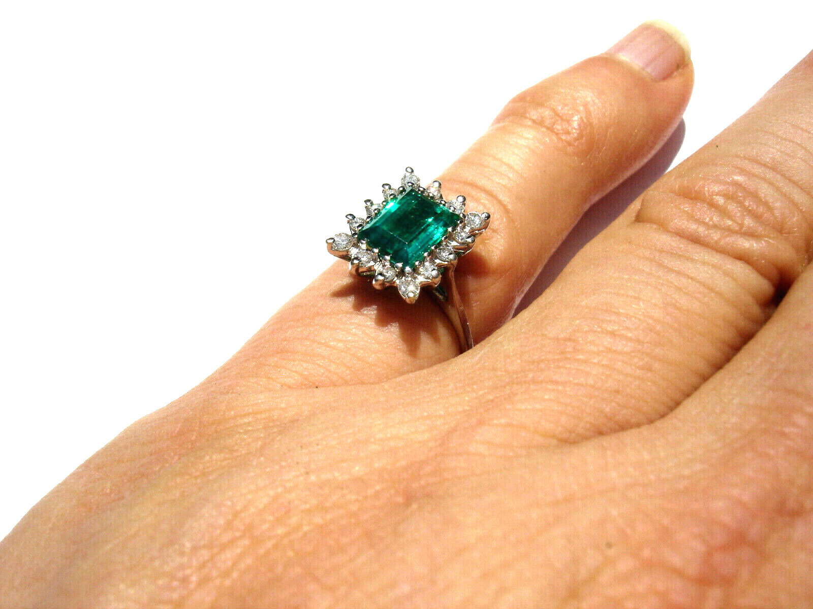 (1.51 Carat) EMERALD (.42 ctw) Diamond RING 14K white GOLD (Chatham lab created)
