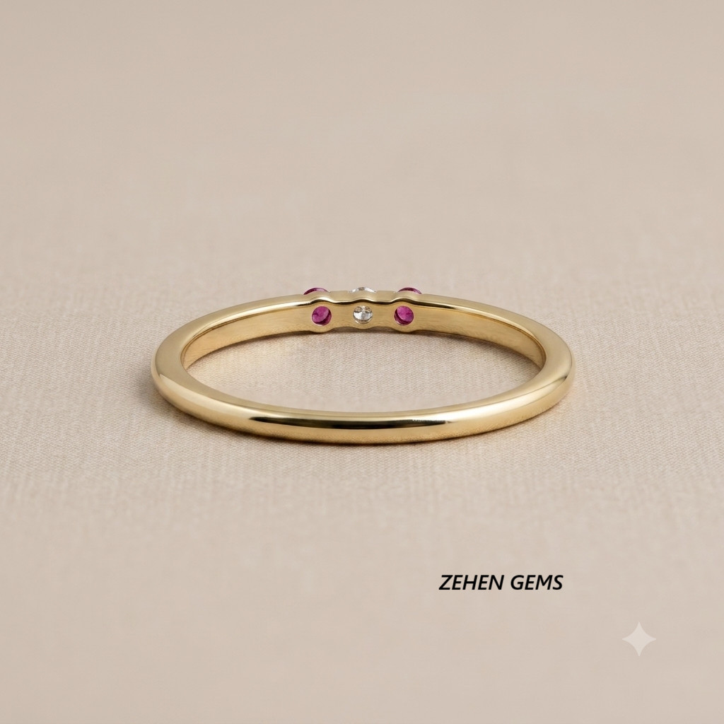 Lab created 925 Sterling Silver Gold Plated Ruby & White Zircon Three Stone Ring