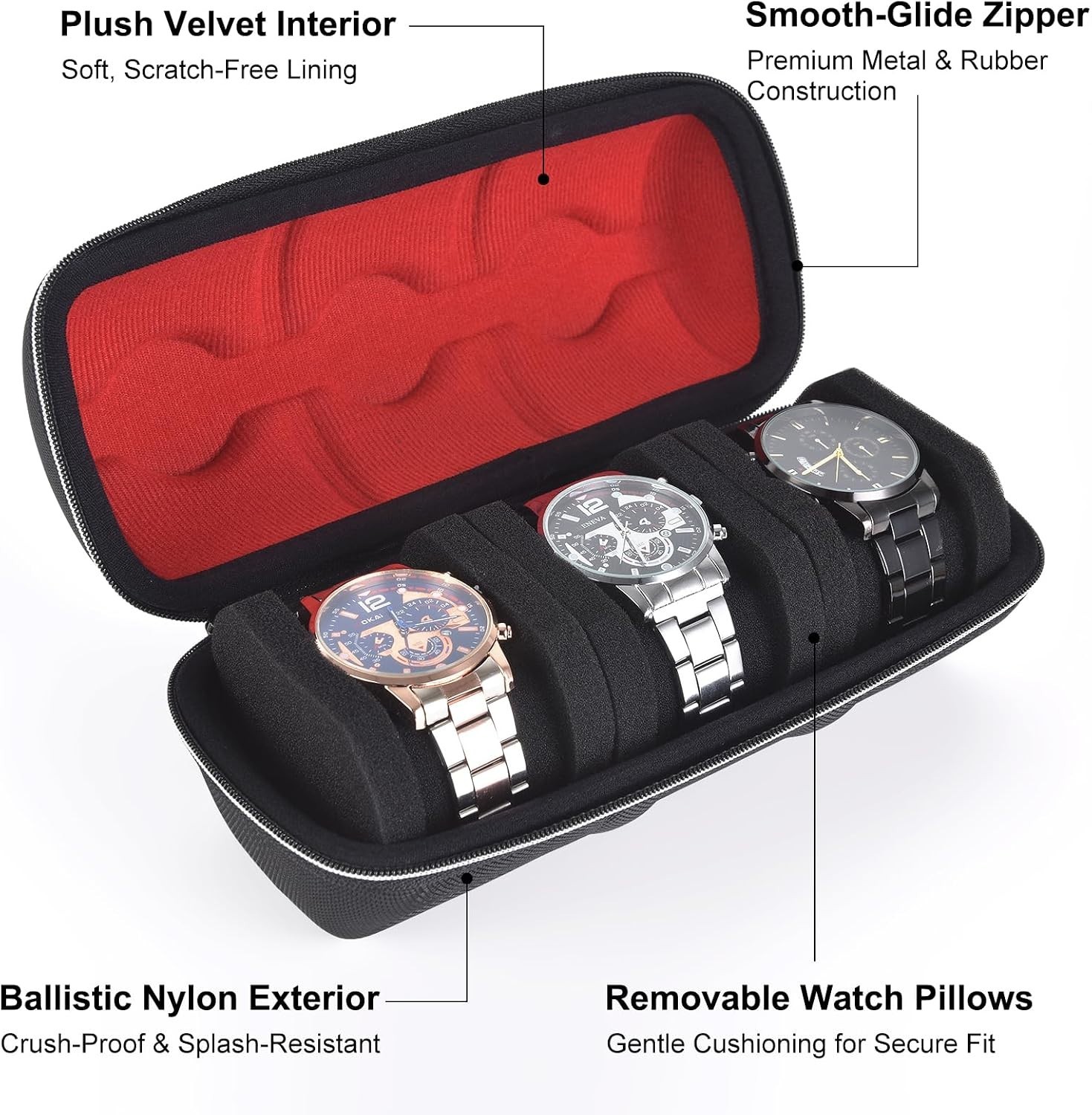 Sleek 3-Slot Hard Shell Watch Organizer with Soft Pillows | Portable & Dustproof