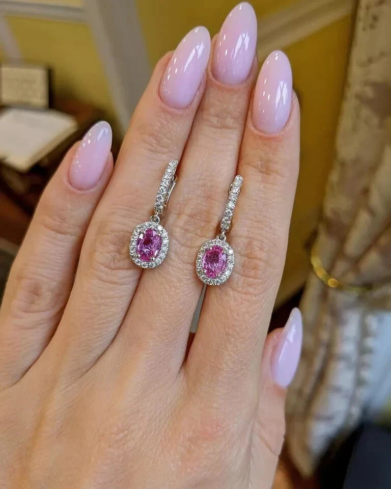 4.5Ct Oval Cut Natural Pink Sapphire Diamond Wedding Earring Stud 14K White Gold