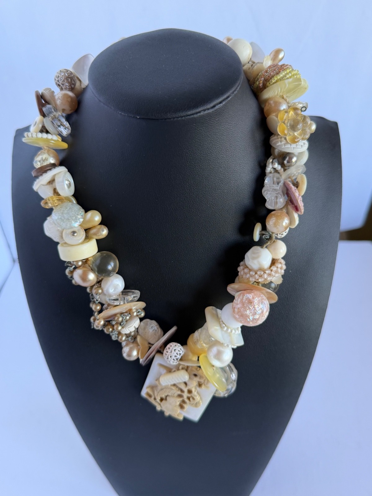 Vintage Necklace Adorned with Buttons, Beads, Buckles & Other Vintage Elements