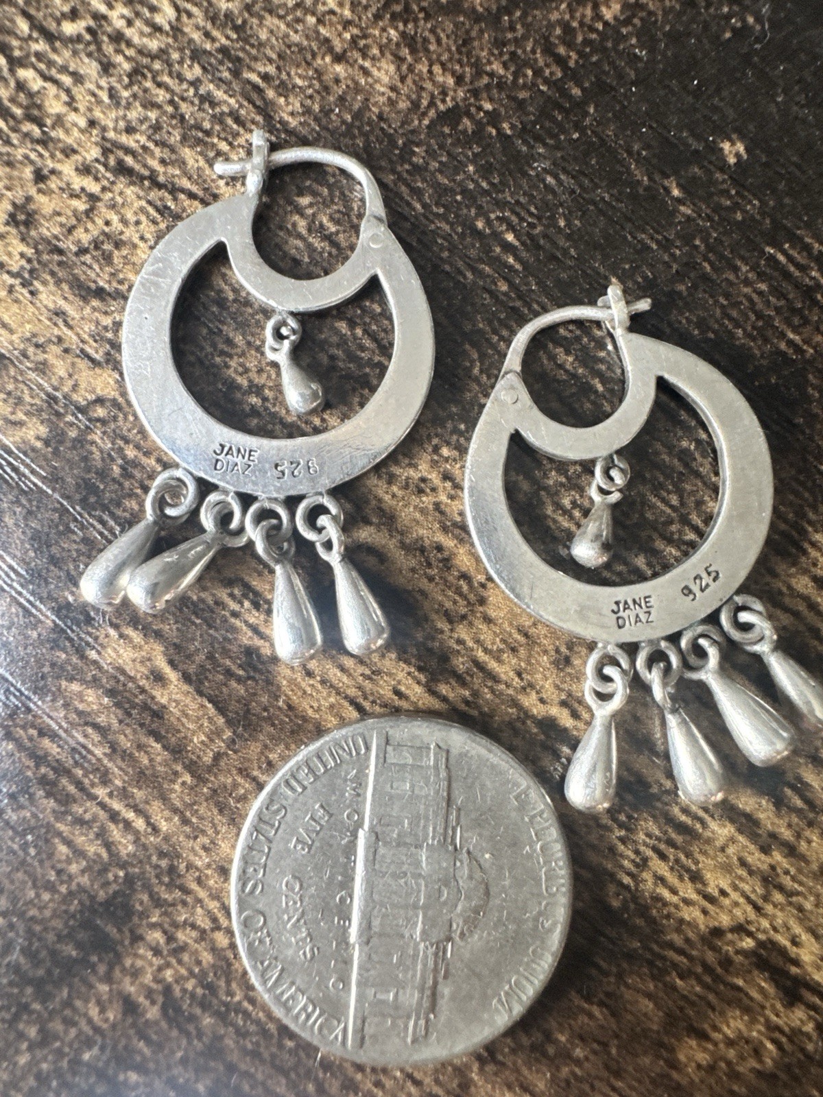 Jane Diaz 925 Sterling Frida Kahlo Hoop Earrings with Solid Tear Drop Dangles
